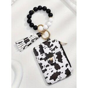 Cow Print Wristlet Keychain Wallet With Tassel Faux Leather Card Holder & Zipper